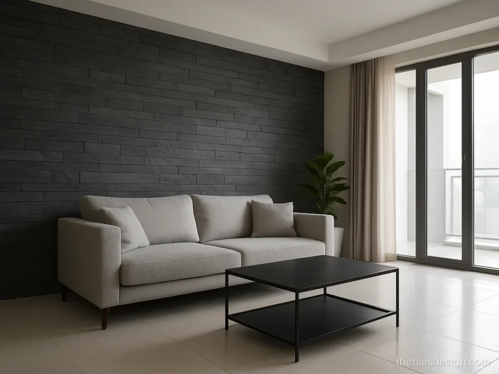 Grey slate split stone wall tiles in a modern living room