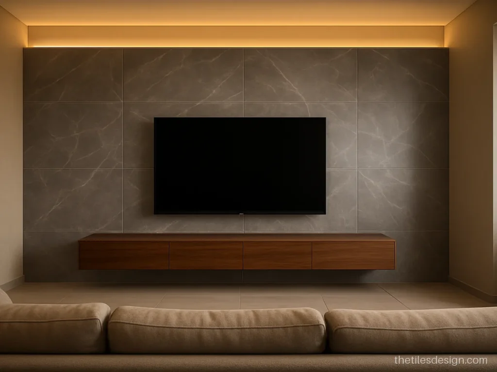 TV wall tiles in grey marble look slabs with a floating wooden console
