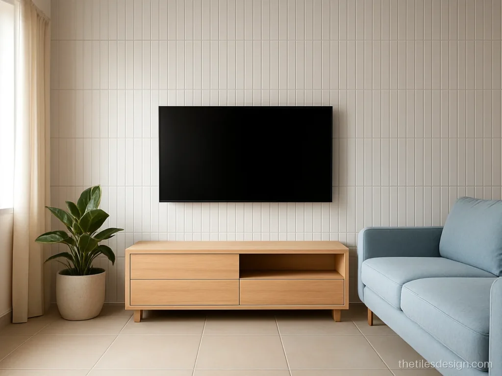 White fluted wall tiles behind the TV in a simple living room