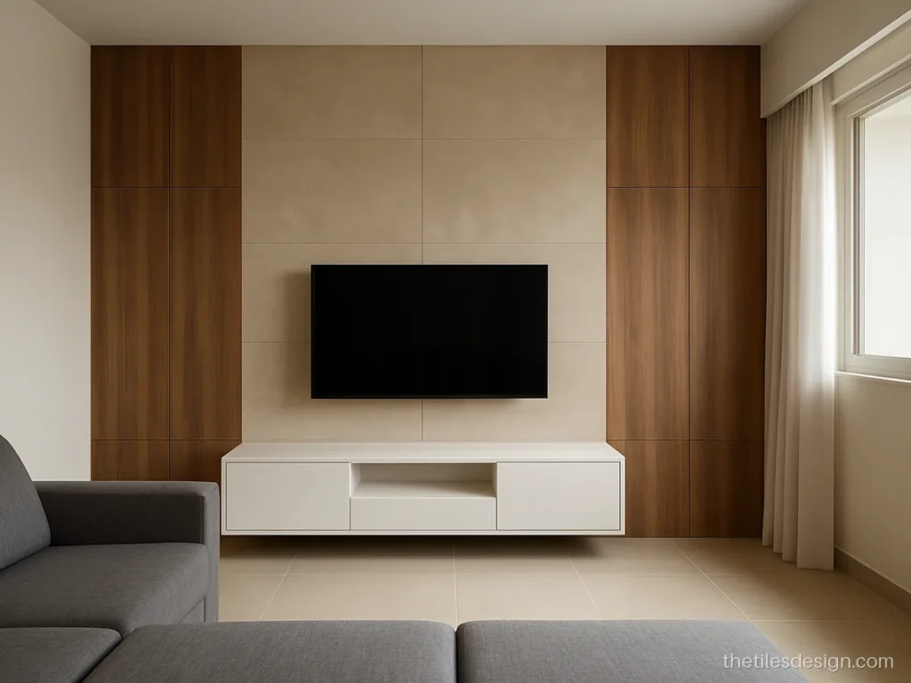 Living room TV wall with wood look tile strips beside a stone look panel