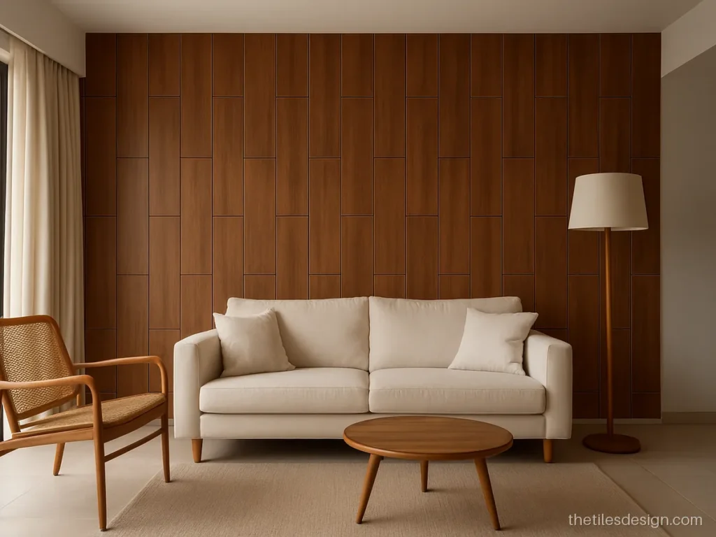 Wooden wall tiles design for living room in vertical teak slats