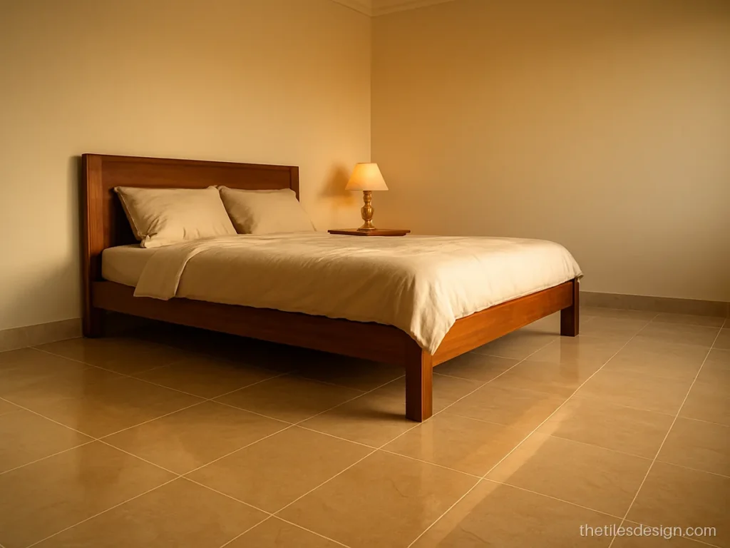Beige marble tiles design in a warm botticino look for a bedroom floor