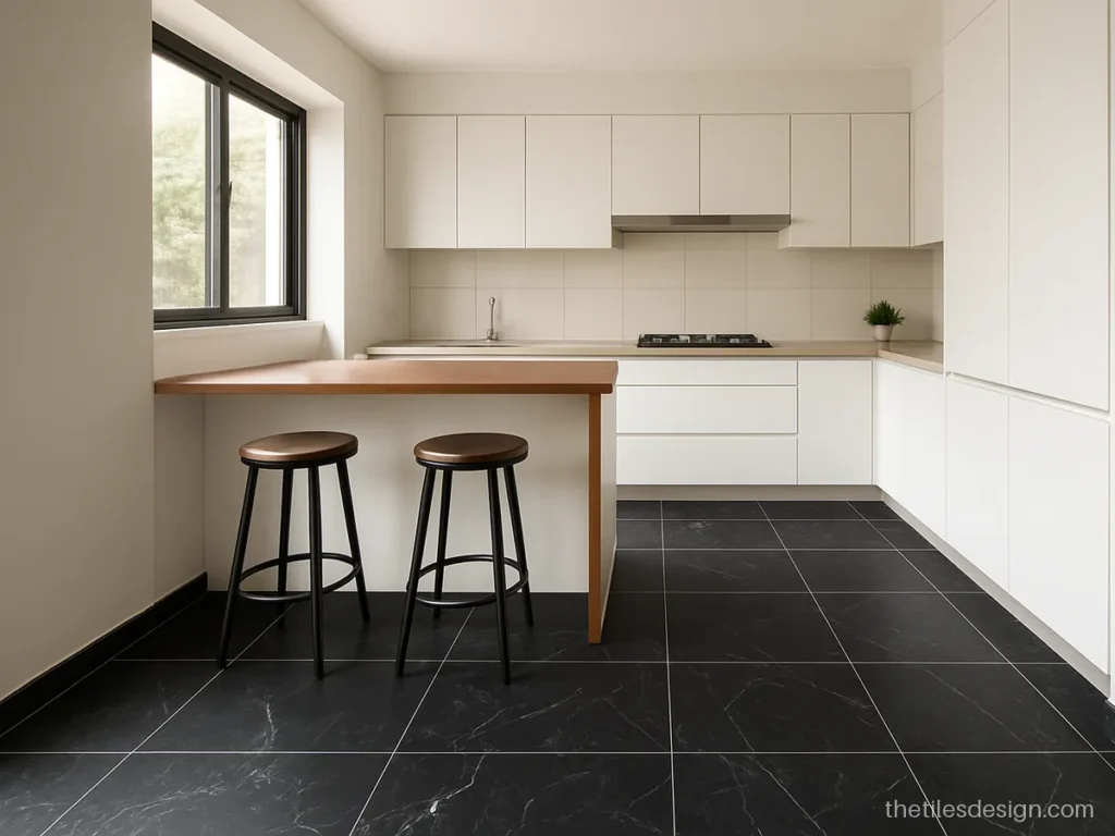 Black marble look tiles with white veins on an open kitchen floor