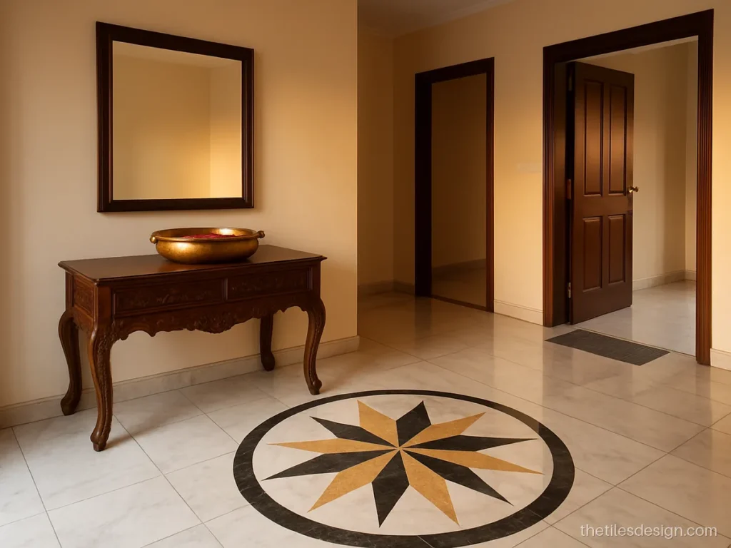 Marble design for home foyer with a round inlay medallion in the centre