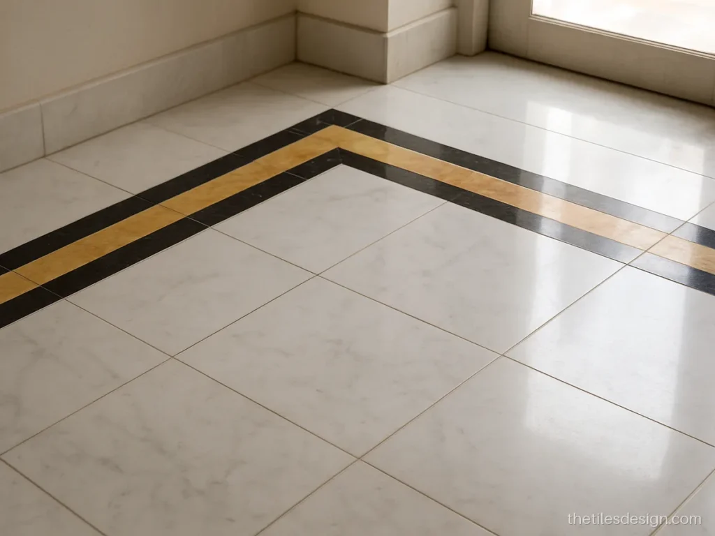 Marble border corner designs with yellow and black inlay on white marble