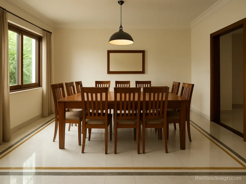 Marble look floor tiles with a double border of grey and gold in a dining room