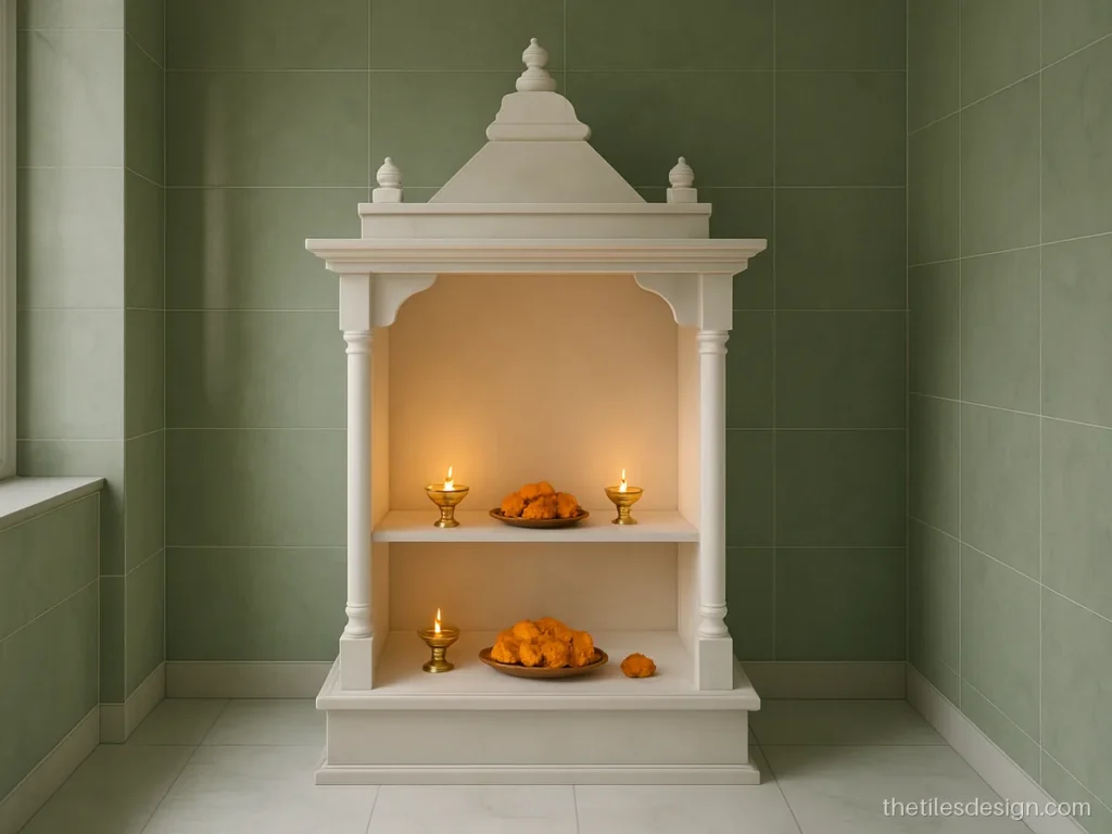 Green marble look wall tiles behind a plain marble mandir unit with diyas
