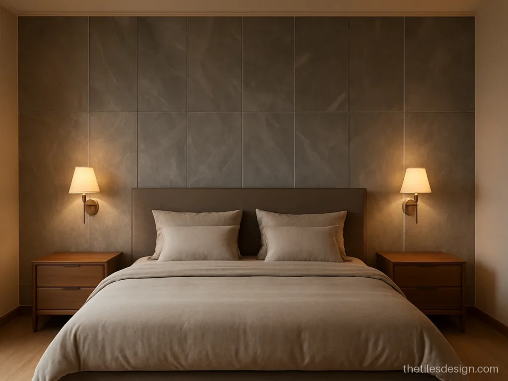 Grey marble wall behind a bed with matt finish and slim joints