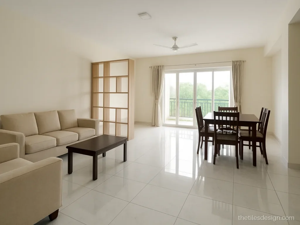 House marble design with one white marble floor running through an open plan hall