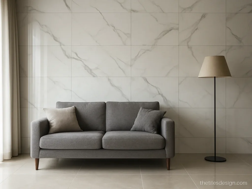 Marble wall tiles in white statuario look behind a living room sofa