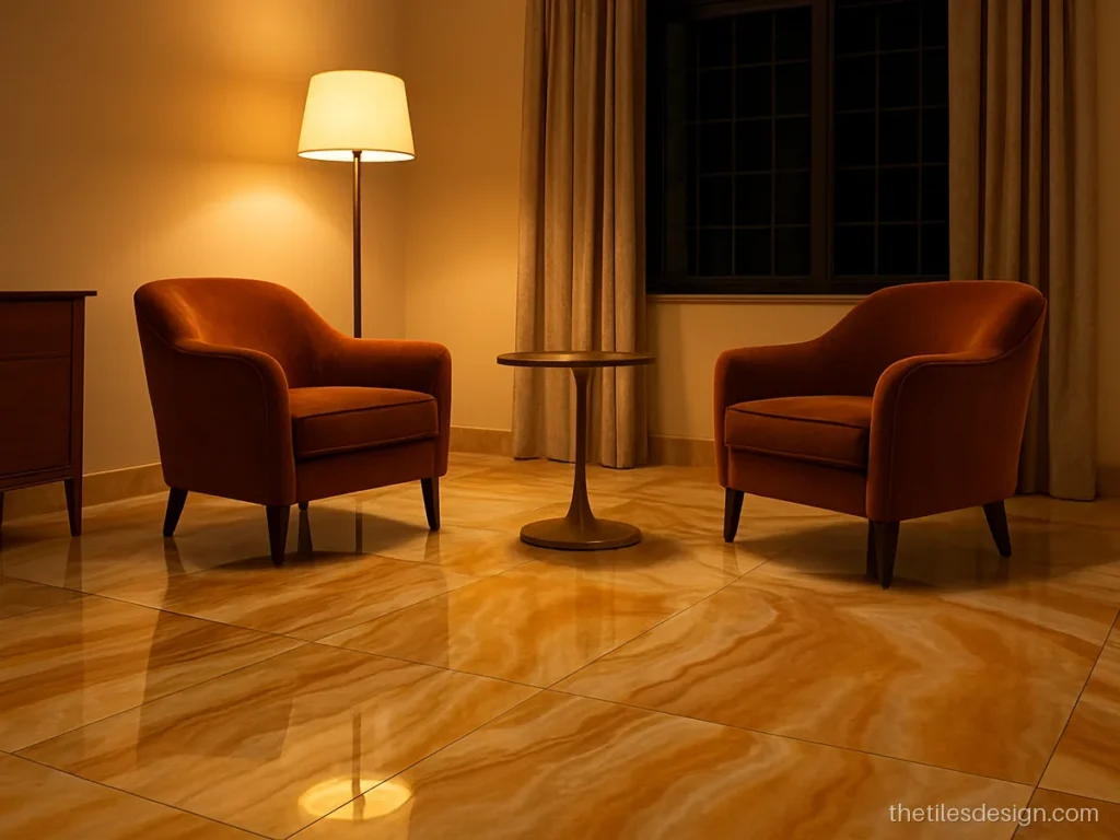 Onyx tile floor in honey and white bands for a formal sitting room