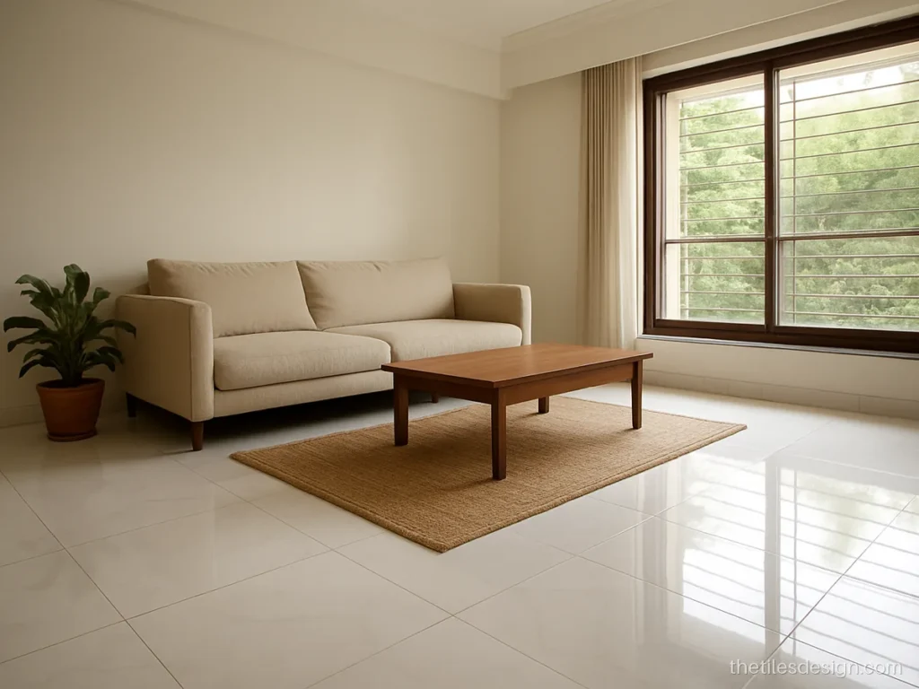 Pure white marble flooring in a bright living room with thin joints