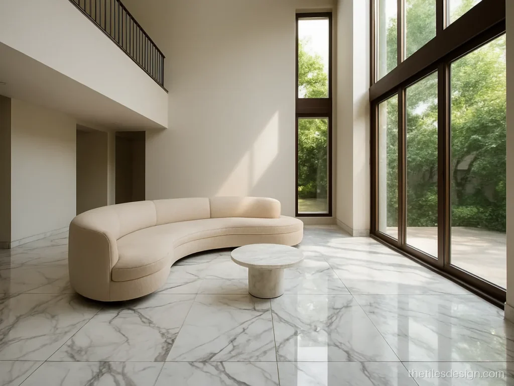 Real Italian marble slabs book matched for a mirrored vein pattern on a hall floor