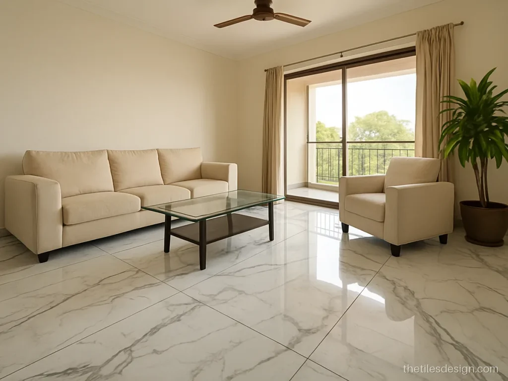 Statuario tiles in large slab size with bold grey veins on a hall floor