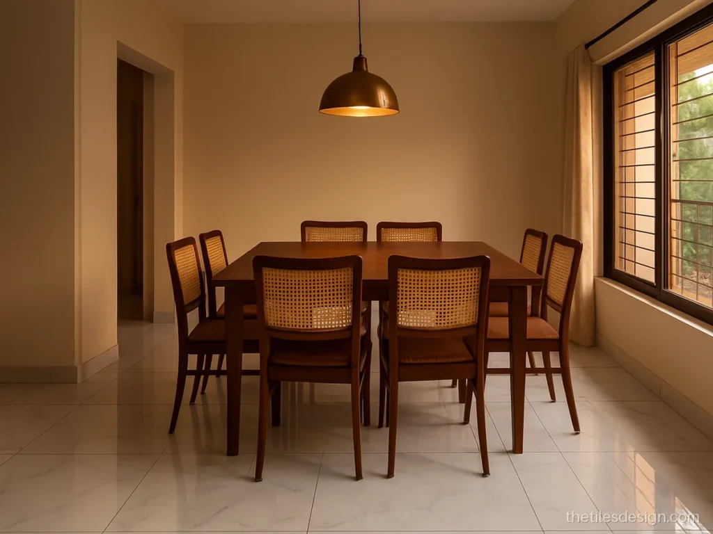 White marble floor tiles in a dining area with light grey veins