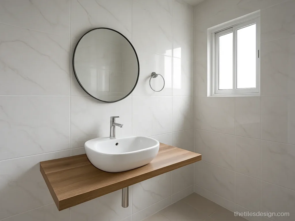 White marble wall tiles around a wash basin counter in a dining corner