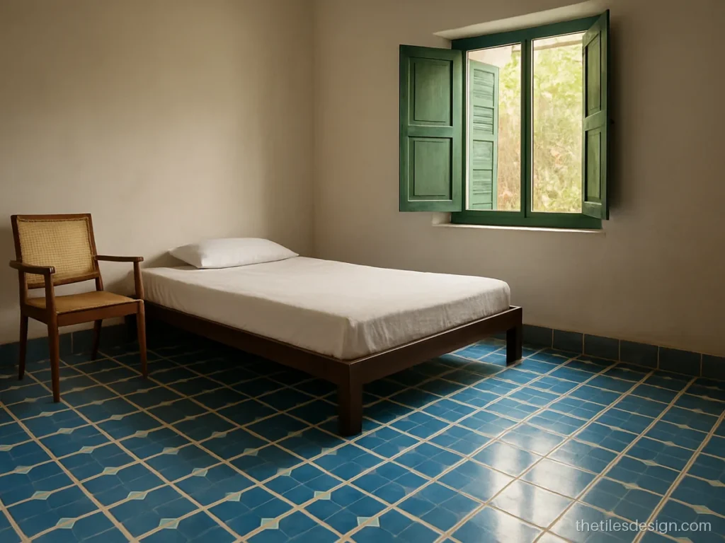Blue Athangudi tiles with white pattern on a bedroom floor
