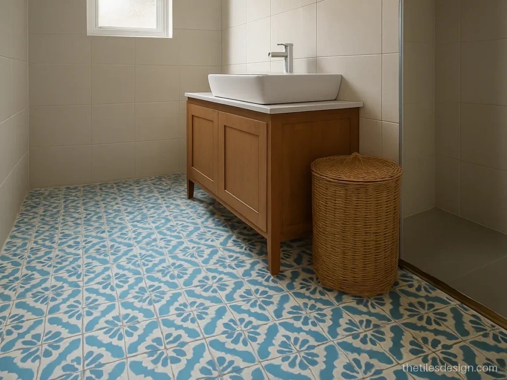 Blue and white patterned tiles with floral motif in a bathroom dry area