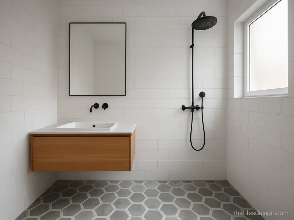 Grey Moroccan tiles in hexagon shape on a bathroom floor