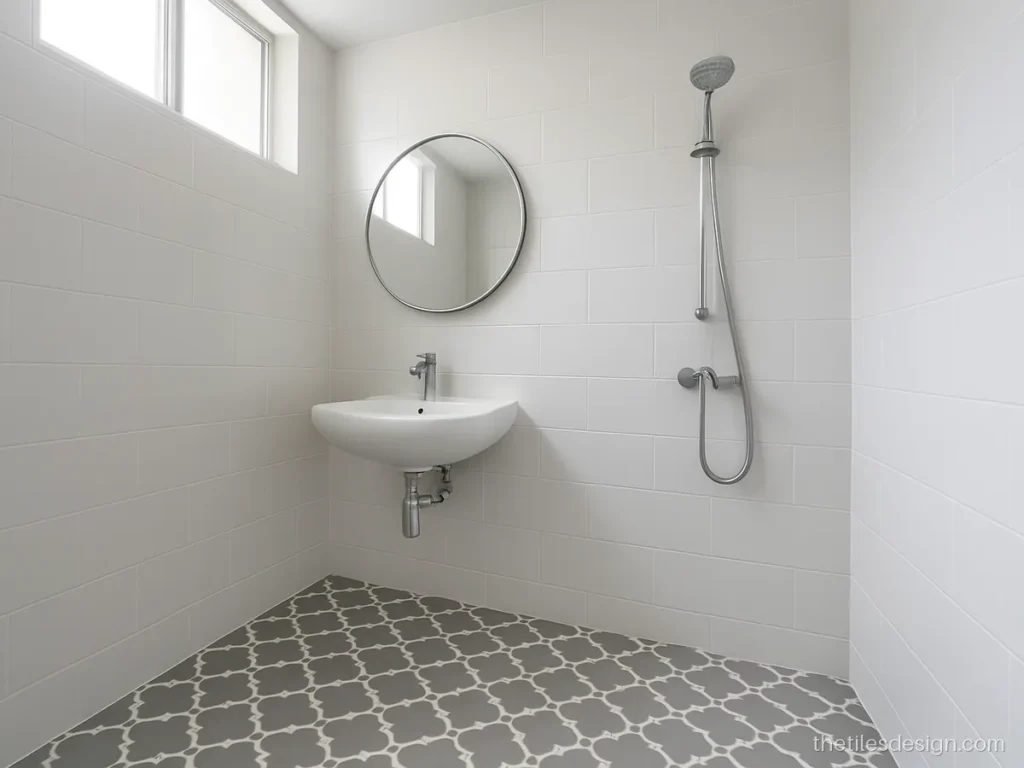 Patterned floor tiles in grey and white quatrefoil in a bathroom