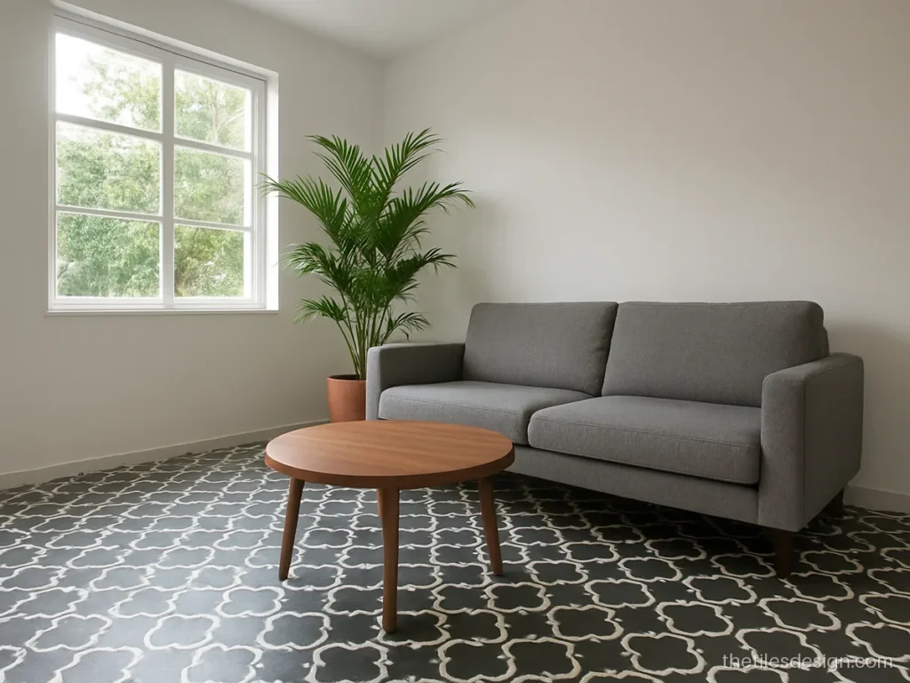 Black and white Moroccan tile floor with classic pattern in a hall