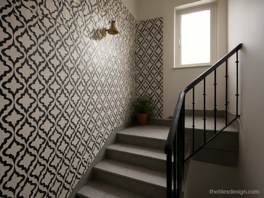 Black and white patterned tiles on a staircase landing wall