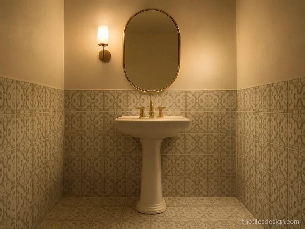 White cement tile with soft grey Moroccan motif in a powder room