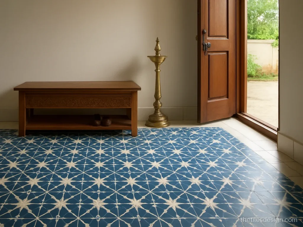 Blue and white Moroccan floor tiles with star lattice in a home foyer