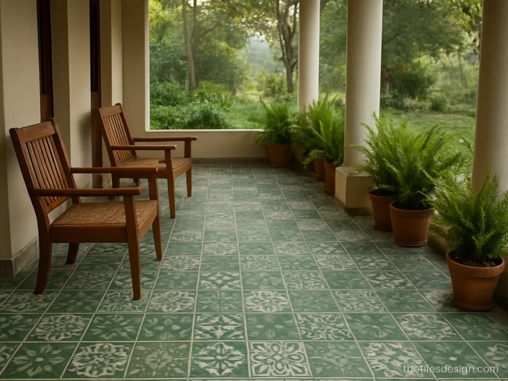 Green mixed Moroccan style tiles in a patchwork on a verandah floor