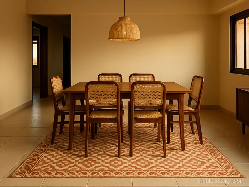 Moroccan tile design in terracotta and beige under a dining table