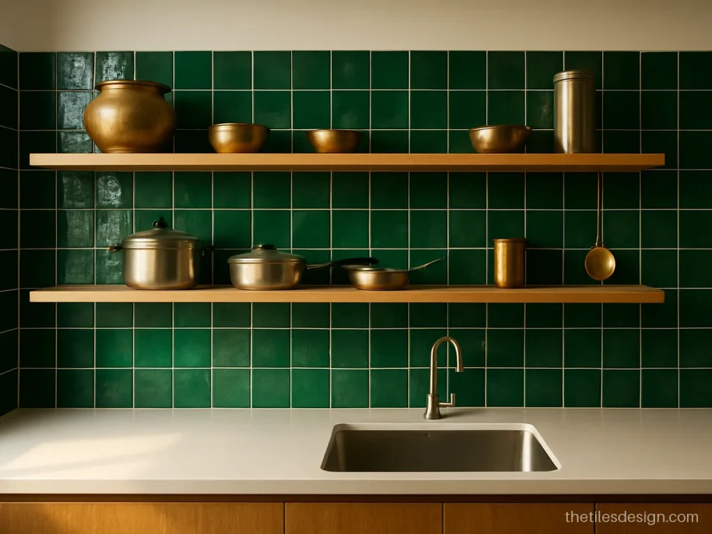 Green zellige style Moroccan tiles on a kitchen wall with open shelves