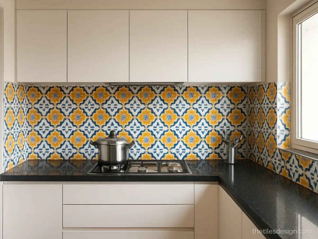 Moroccan wall tiles in yellow and blue on a kitchen backsplash