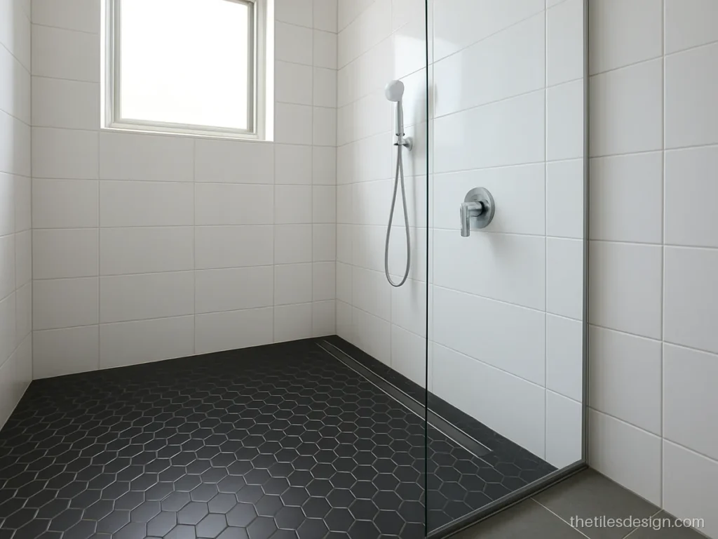 Black matt hexagon mosaic floor tiles in a walk-in shower area