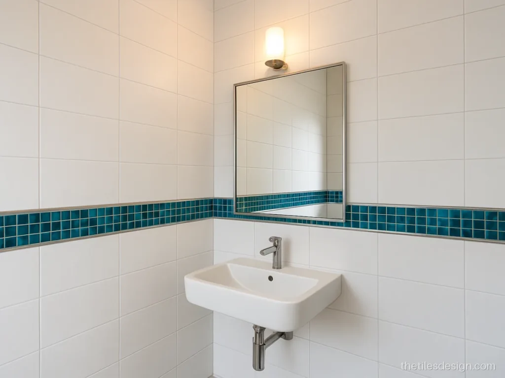 Teal mosaic strip at mirror height in a powder room
