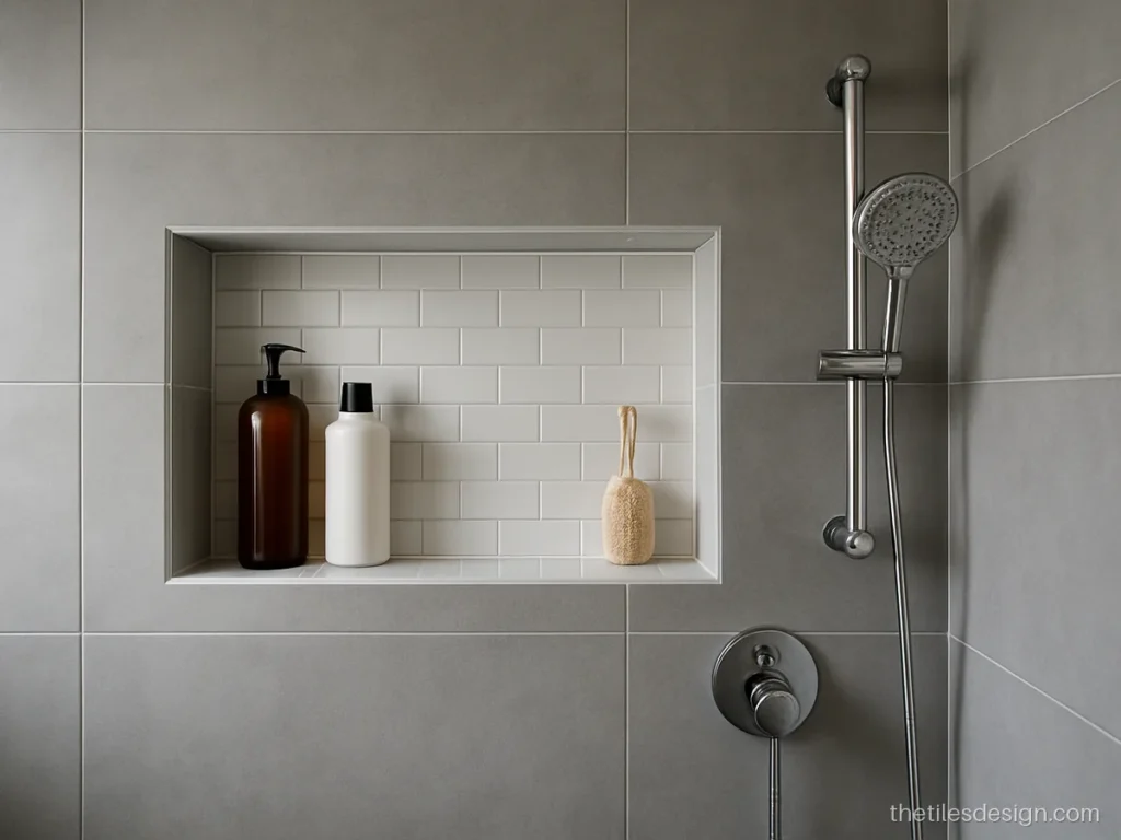 Small white mosaic tiles lining a shampoo niche in a bathroom