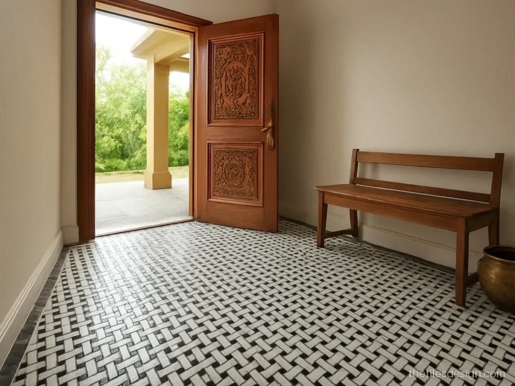 Black and white mosaic tile basketweave floor design at a home entrance