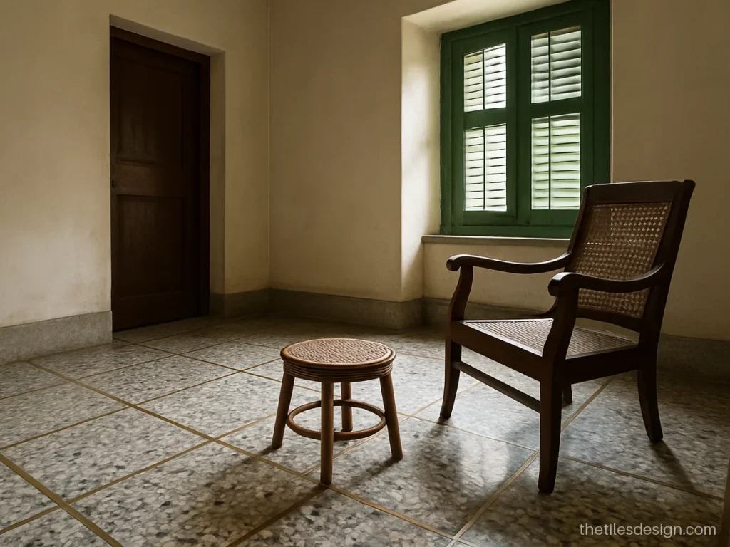 Classic Indian mosaic flooring with white and grey marble chips in a hall