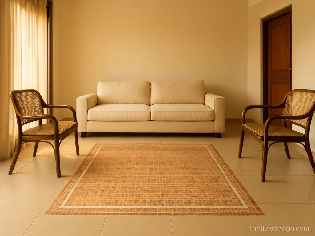 Mosaic floor tiles forming a rug pattern inlay in a living room