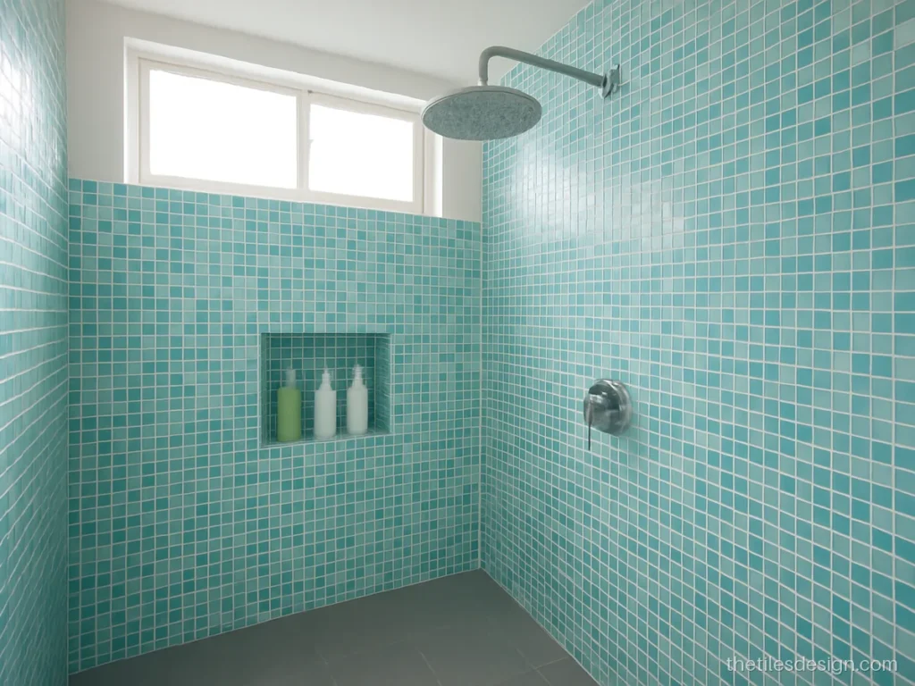 Glass mosaic tiles in an aqua and white blend on a shower wall