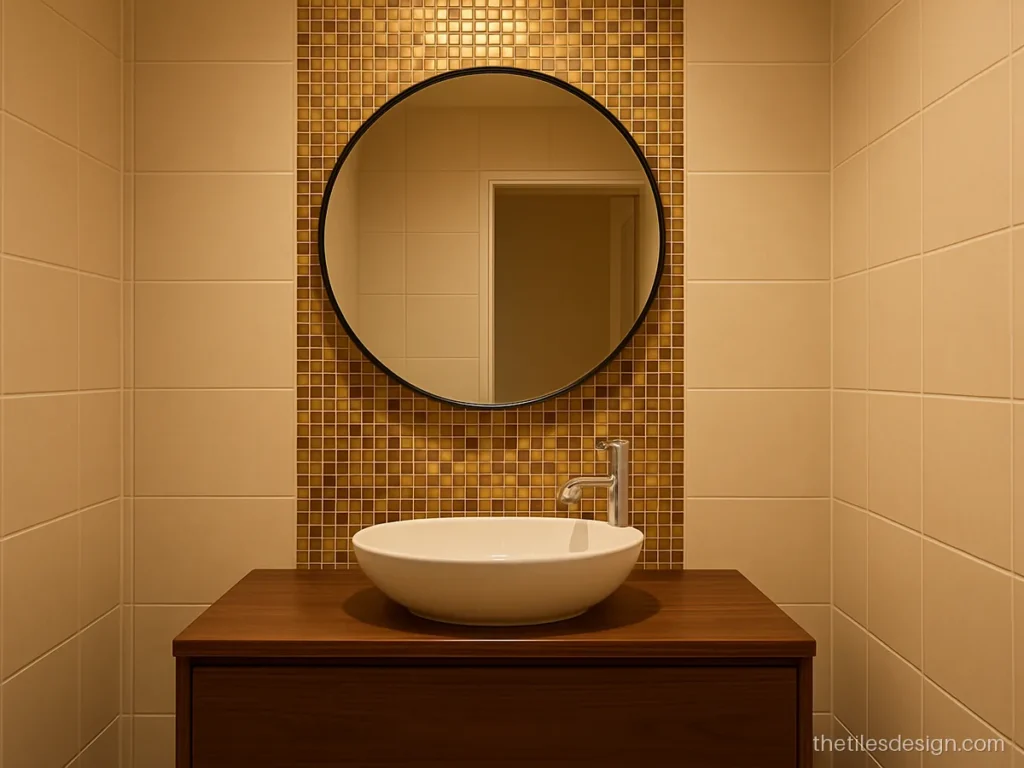 Gold and bronze glass tile mosaic strip behind a wash basin