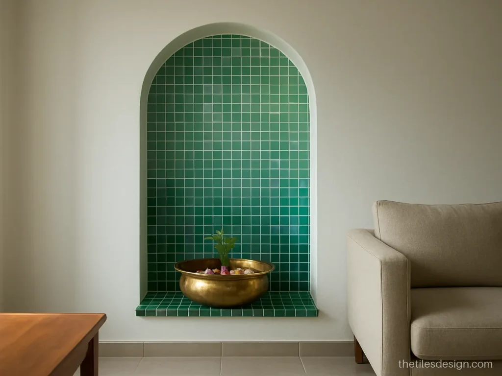 Green glass mosaic gradient lining a wall niche in a living room