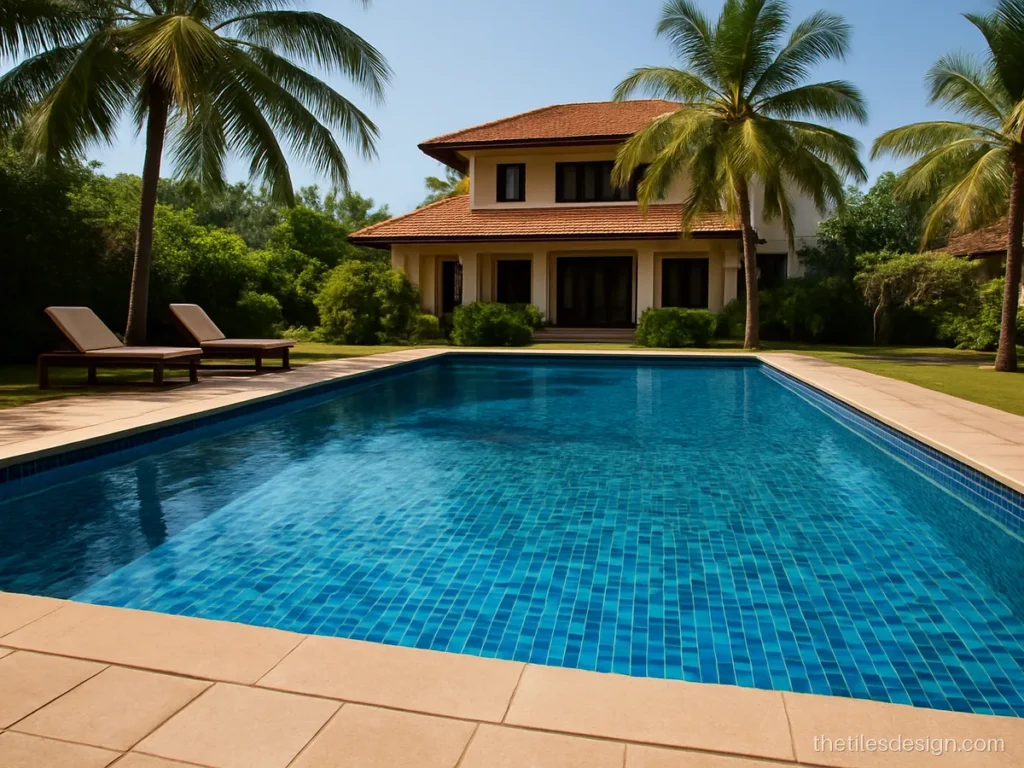 Swimming pool mosaic tiles in mixed blue glass in a villa pool