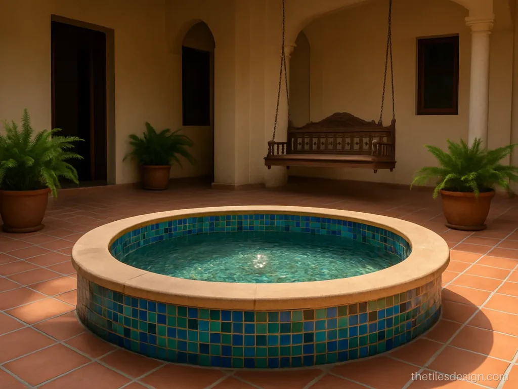 Courtyard fountain lined with blue and green mosaic tiles