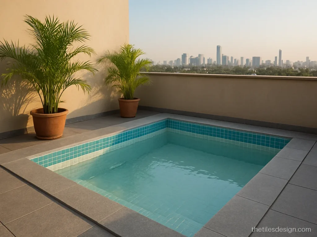 Pool mosaic tiles with turquoise waterline border on a terrace pool