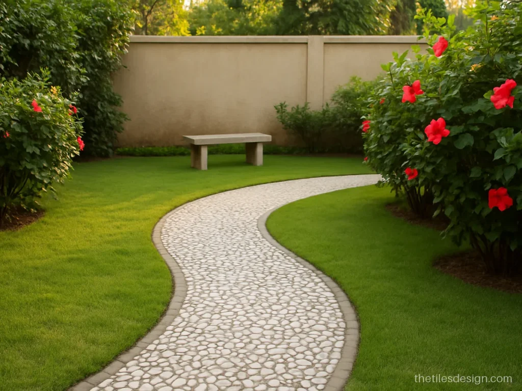 White marble pebble stone mosaic set in a garden path