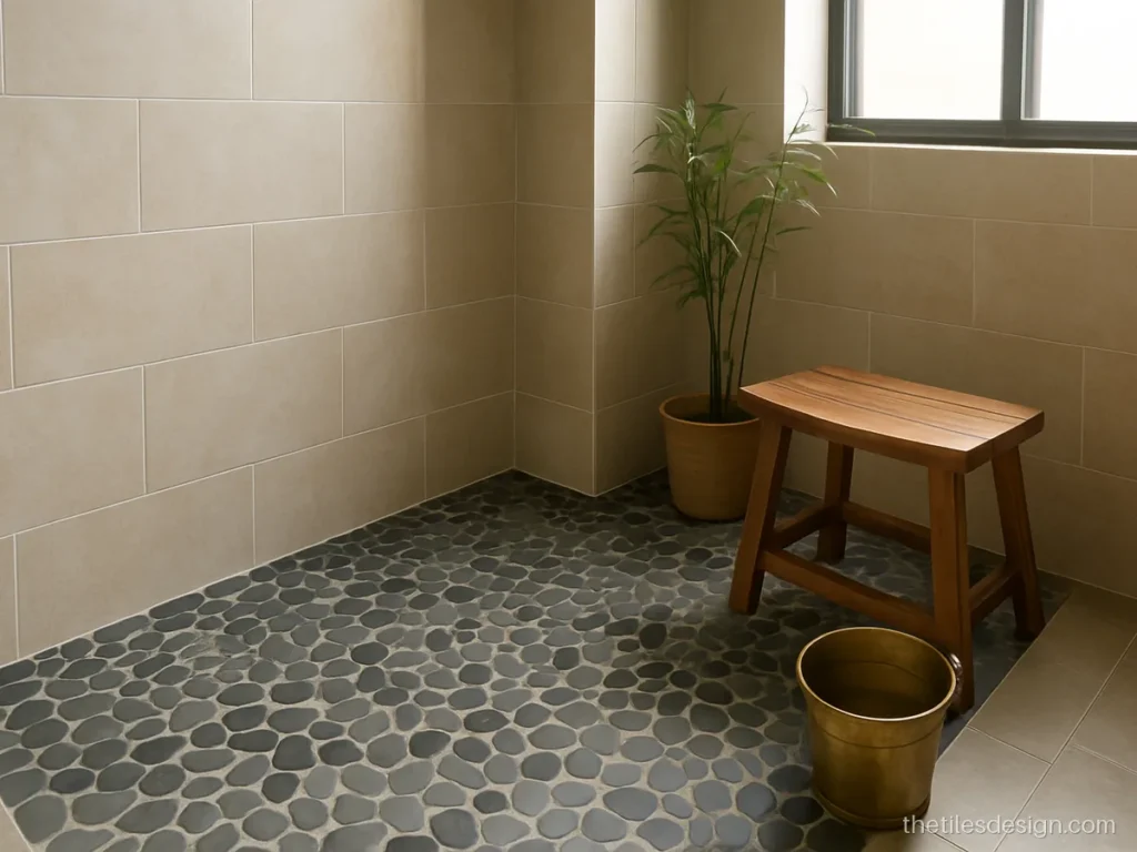Grey river pebble mosaic tiles on a bathroom shower floor
