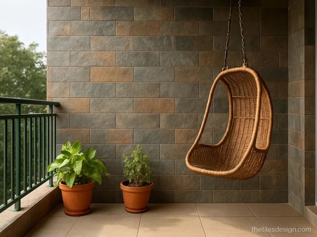 Slate stone mosaic wall tiles on a balcony with potted plants