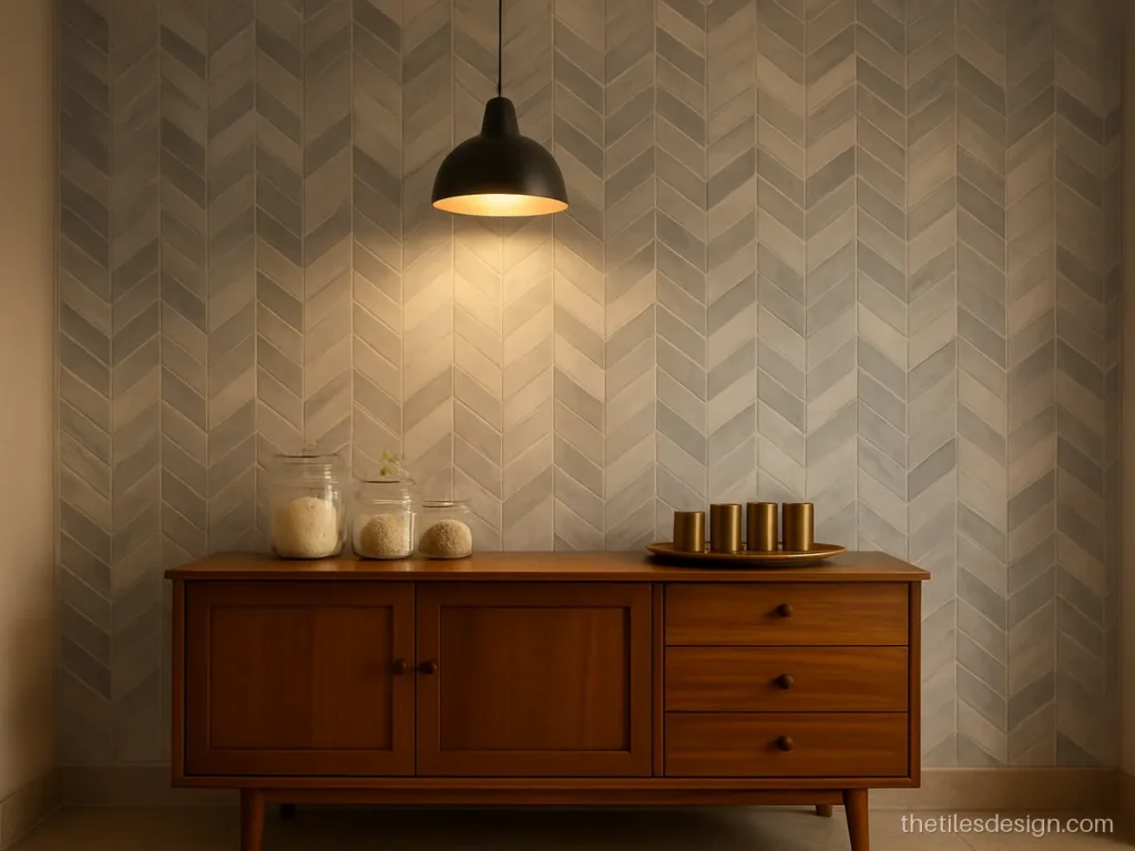 Grey marble mosaic tile in chevron pattern on a hall bar wall