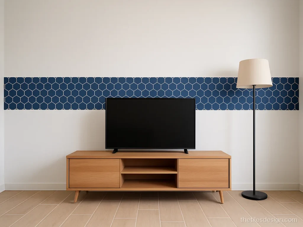 Mosaic wall in navy hexagon pieces as a band on a TV wall