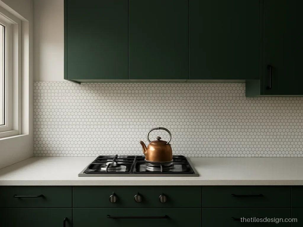 White penny round mosaic wall tiles on a kitchen backsplash